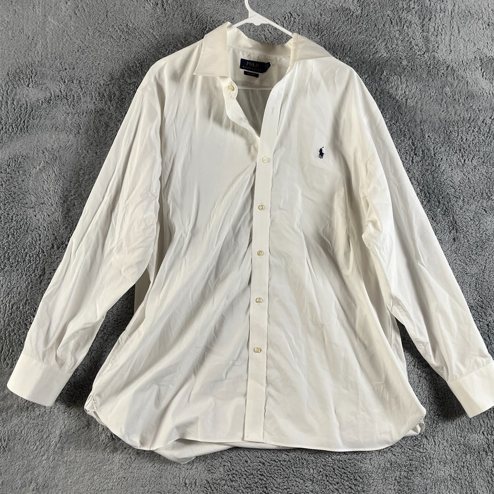 Polo Ralph Lauren Dress Shirt Mens 18 White Pony Logo Easy Care Collar Button Up